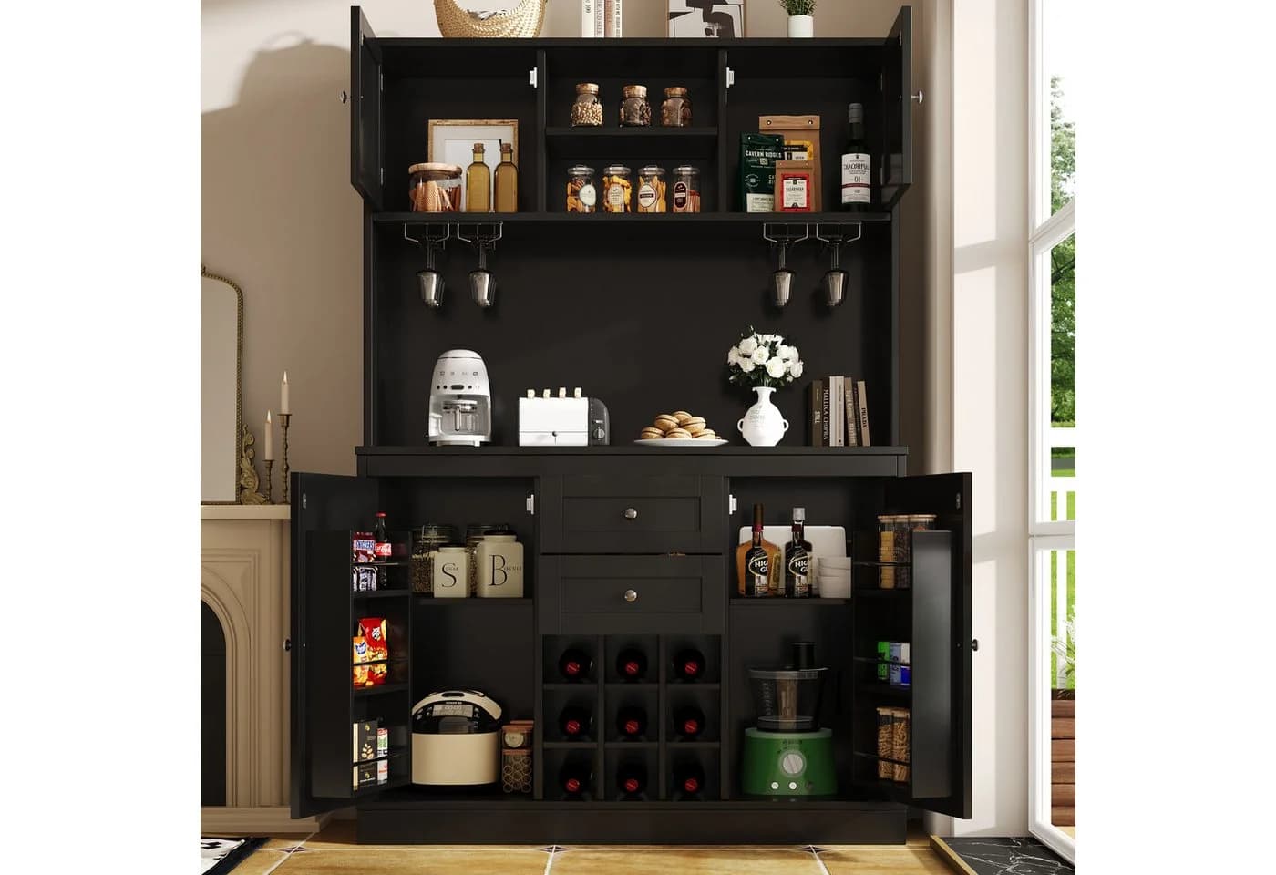 Flieks Küchenbuffet Hochschrank Schwarz mit Weinregal & Gläserhalter - Bild 2