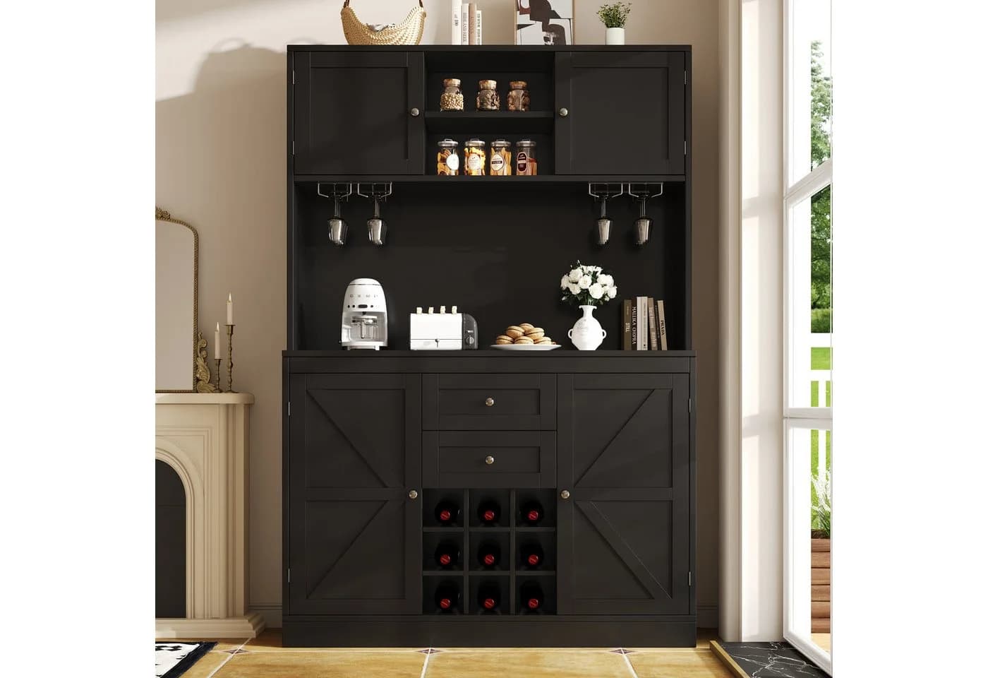 Flieks Küchenbuffet Hochschrank Schwarz mit Weinregal & Gläserhalter - Bild 3