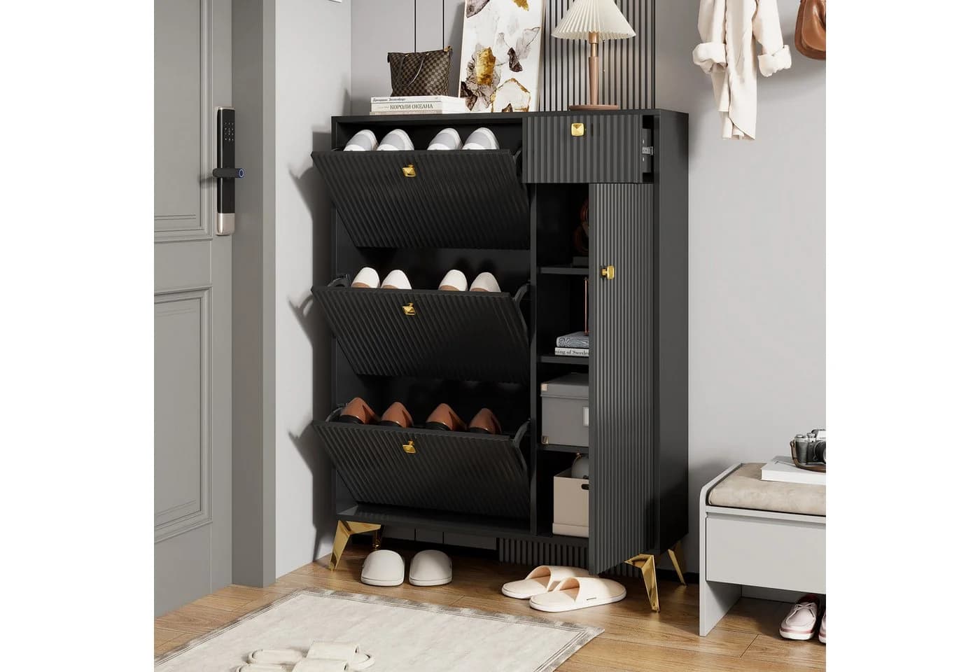 Flieks Schuhschrank mit 3 Klappen 1 Schublade Schwarz - Bild 2
