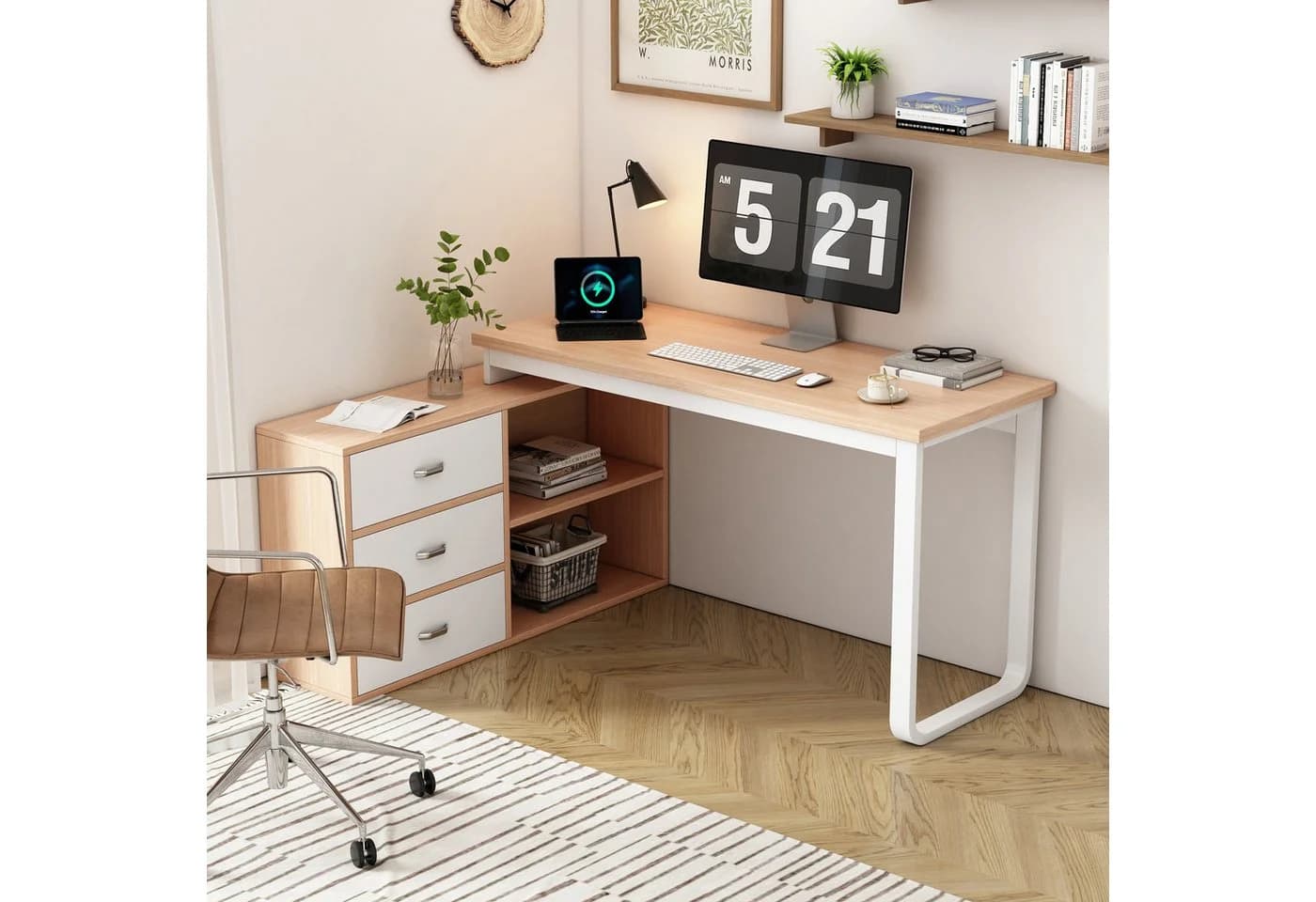 Flieks Eckschreibtisch Schreibtisch/Kommode mit Schubladen, L-förmig Bürotisch, Natur/Weiß - Bild 2
