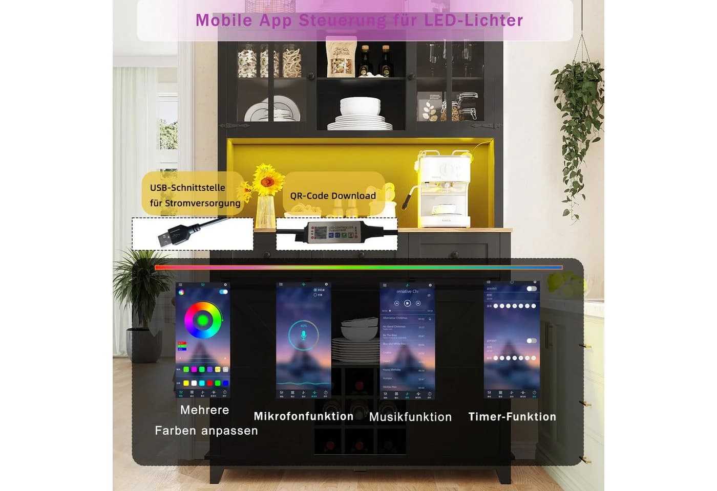 Flieks Küchenbuffet Schwarz mit LED und Weinregal - Bild 5