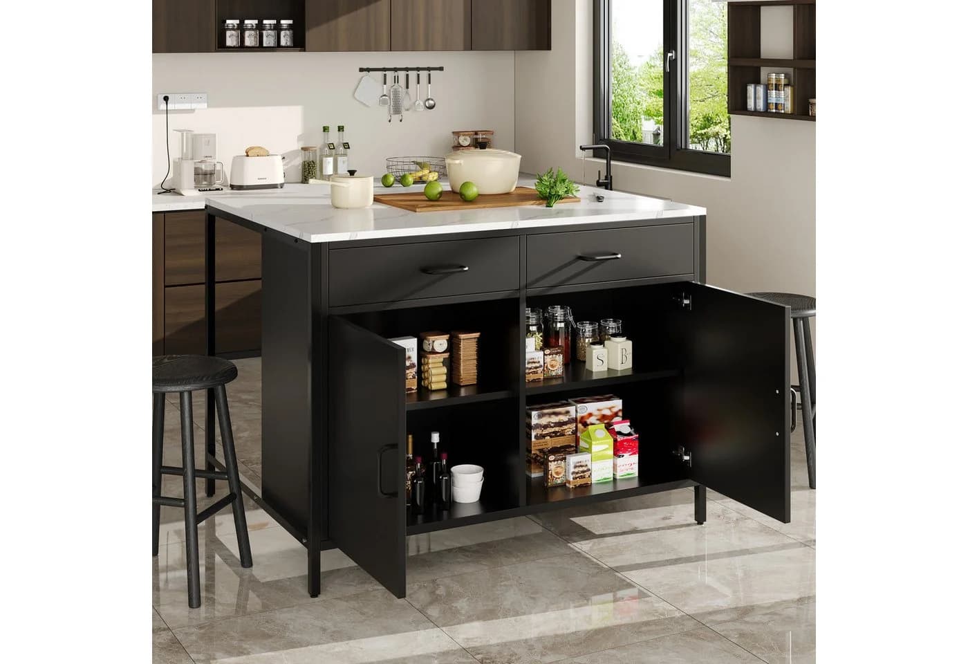 Flieks Stehtisch Bartisch/Küchenschrank mit 2 Schubladen und Türen, Weiß, Schwarz - Bild 2