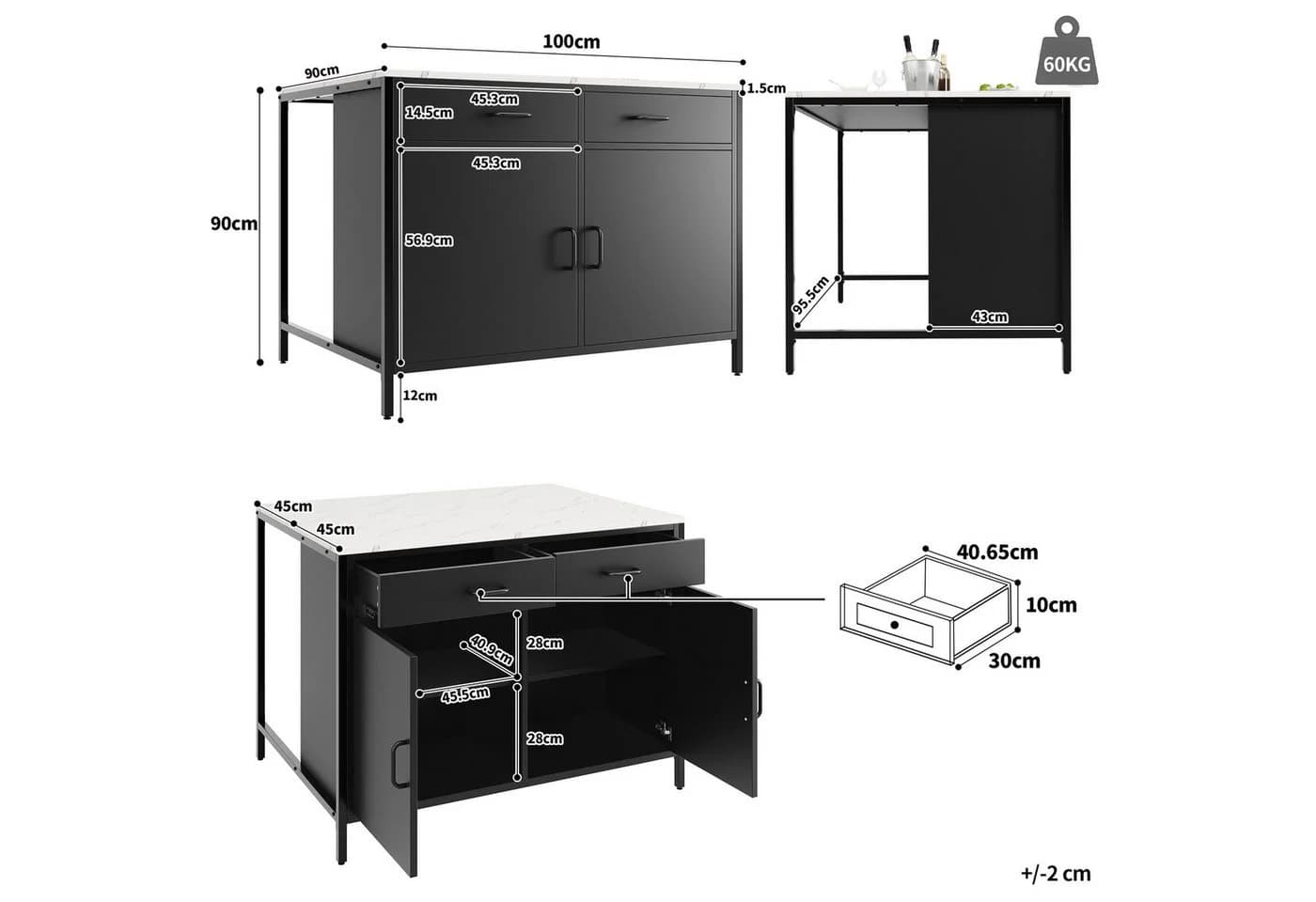 Flieks Stehtisch Bartisch/Küchenschrank mit 2 Schubladen und Türen, Weiß, Schwarz - Bild 5