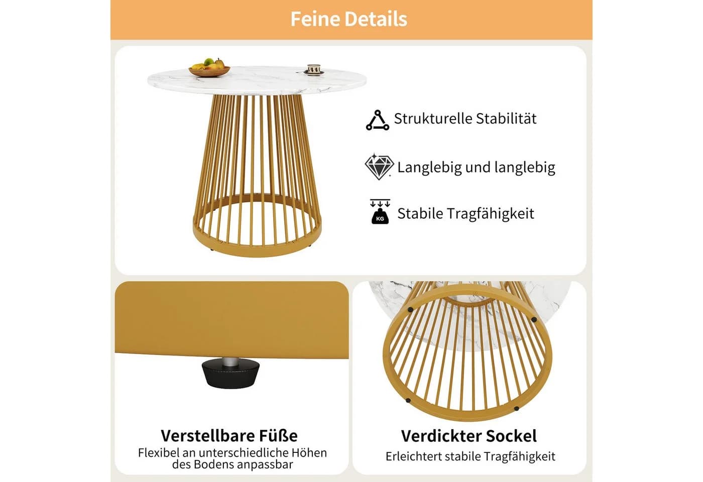 Flieks Runder Esstisch Weiß/Gold Marmoroptik Metallgestell - Bild 5