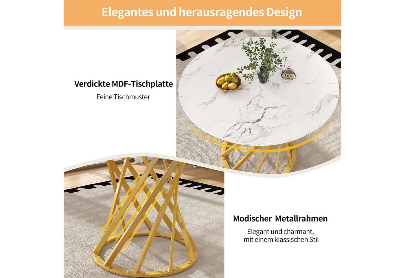 Flieks Runder Esstisch Weiß Gold Marmoroptik Metallgestell - Bild 5