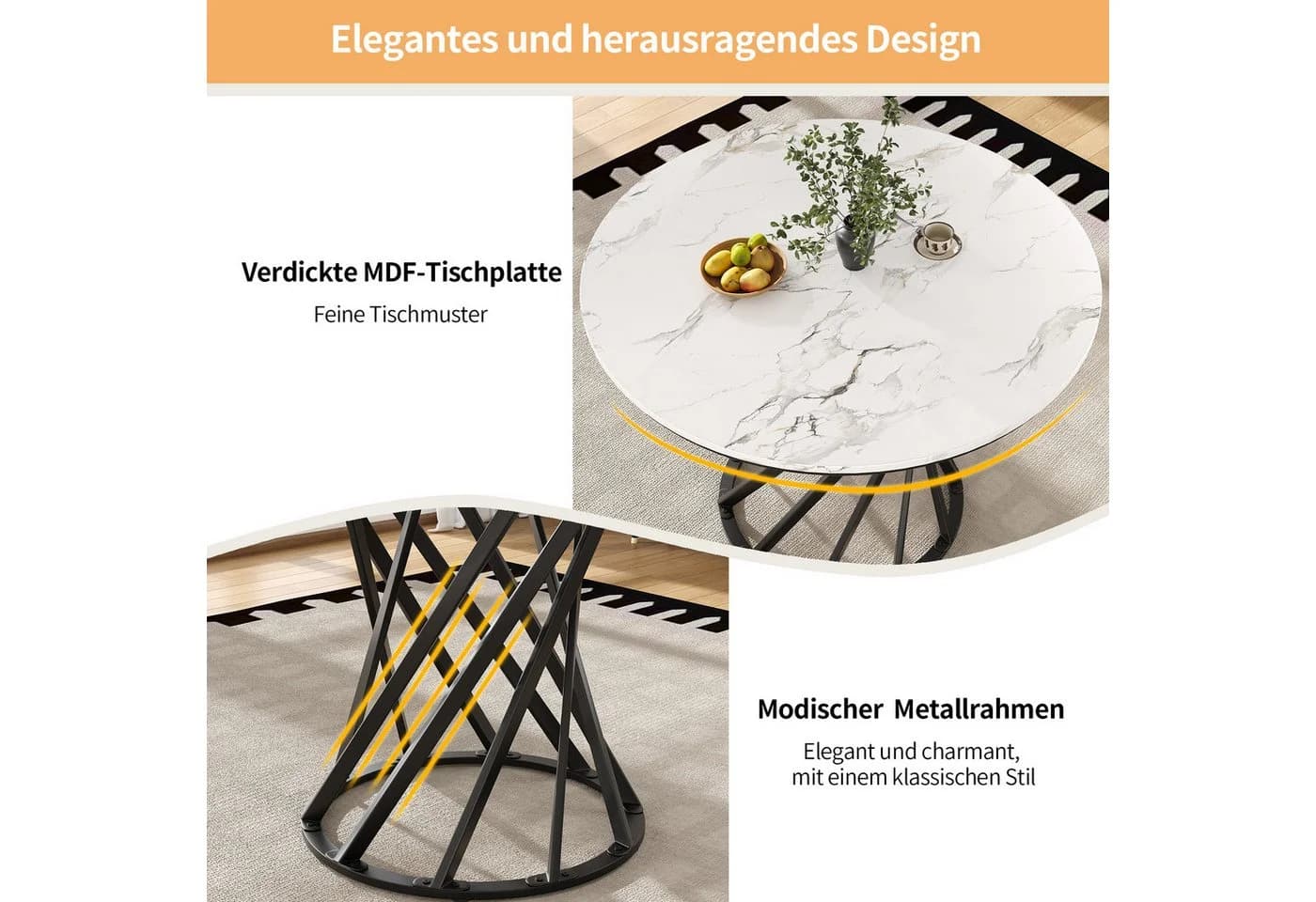 Flieks Runder Esstisch Weiß/Schwarz Marmoroptik Metallgestell - Bild 5
