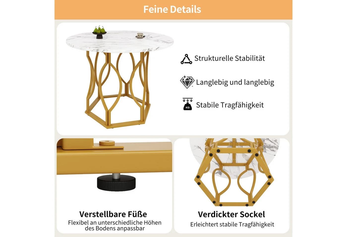 Flieks Runder Esstisch Weiß/Gold Marmoroptik - Bild 5