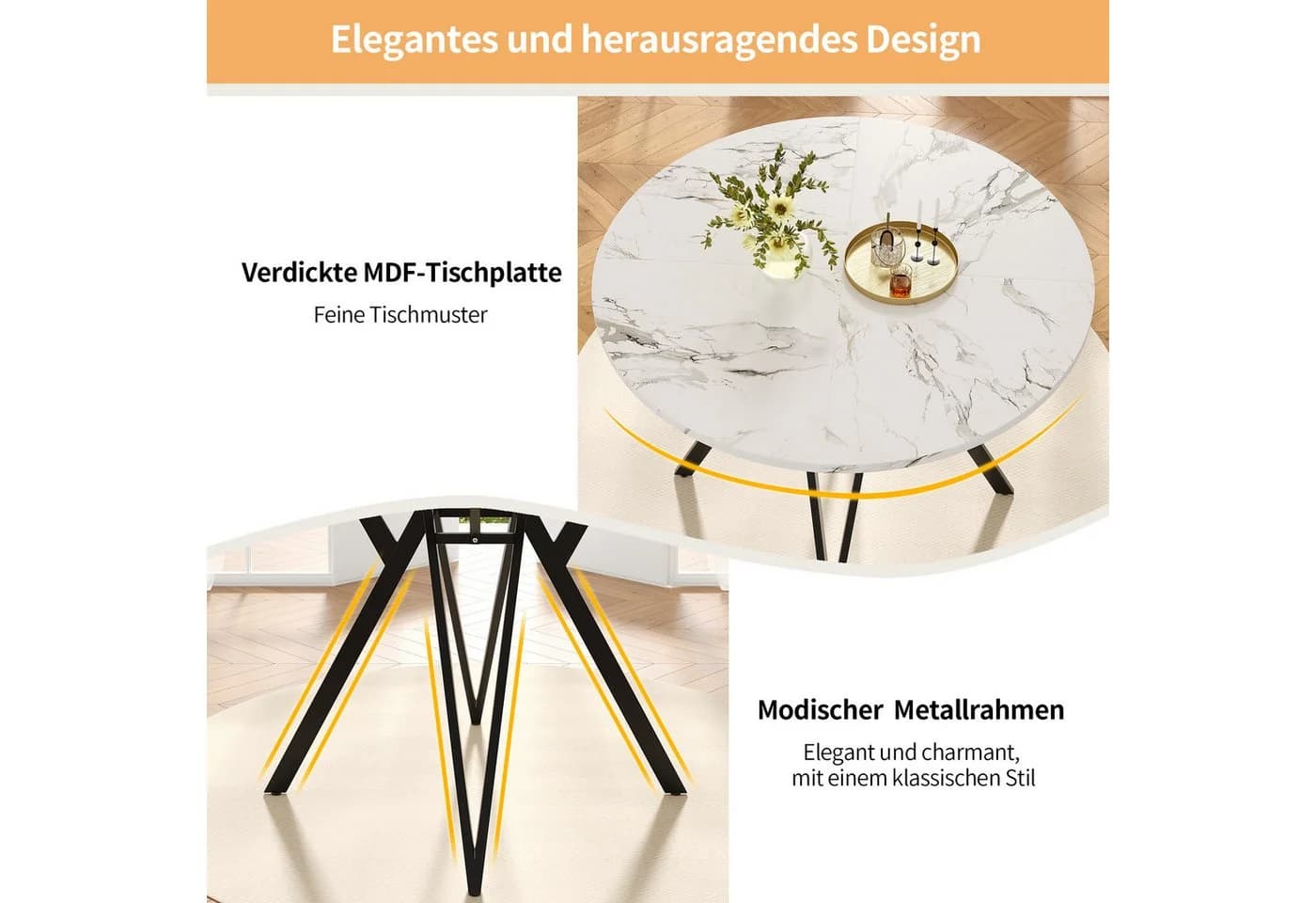 Flieks Runder Esstisch Weiß/Schwarz MDF Metall - Bild 5