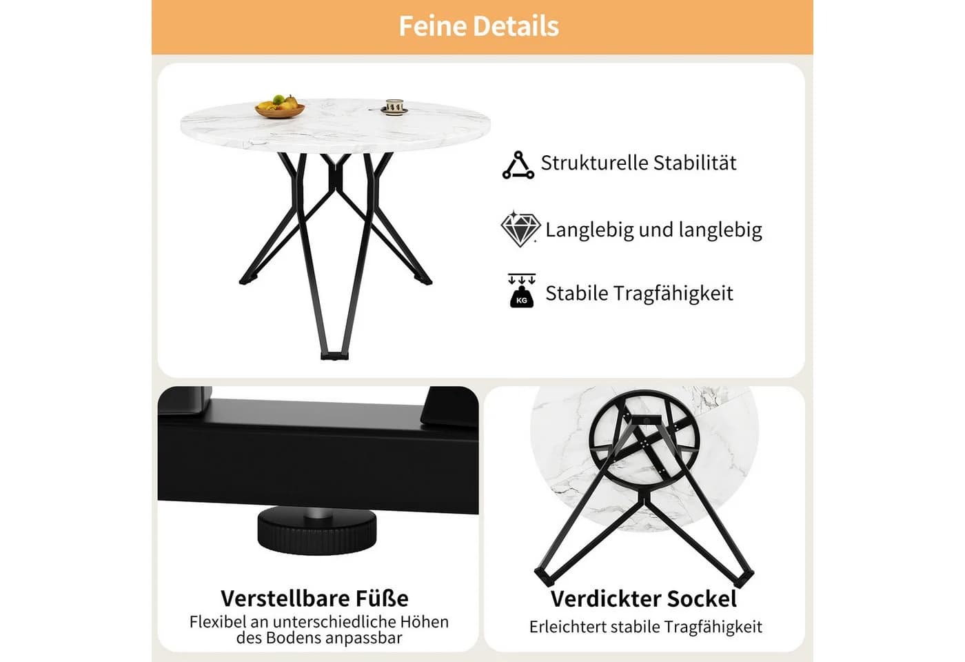 Flieks Runder Esstisch Weiß Marmoroptik Metallbeine - Bild 5