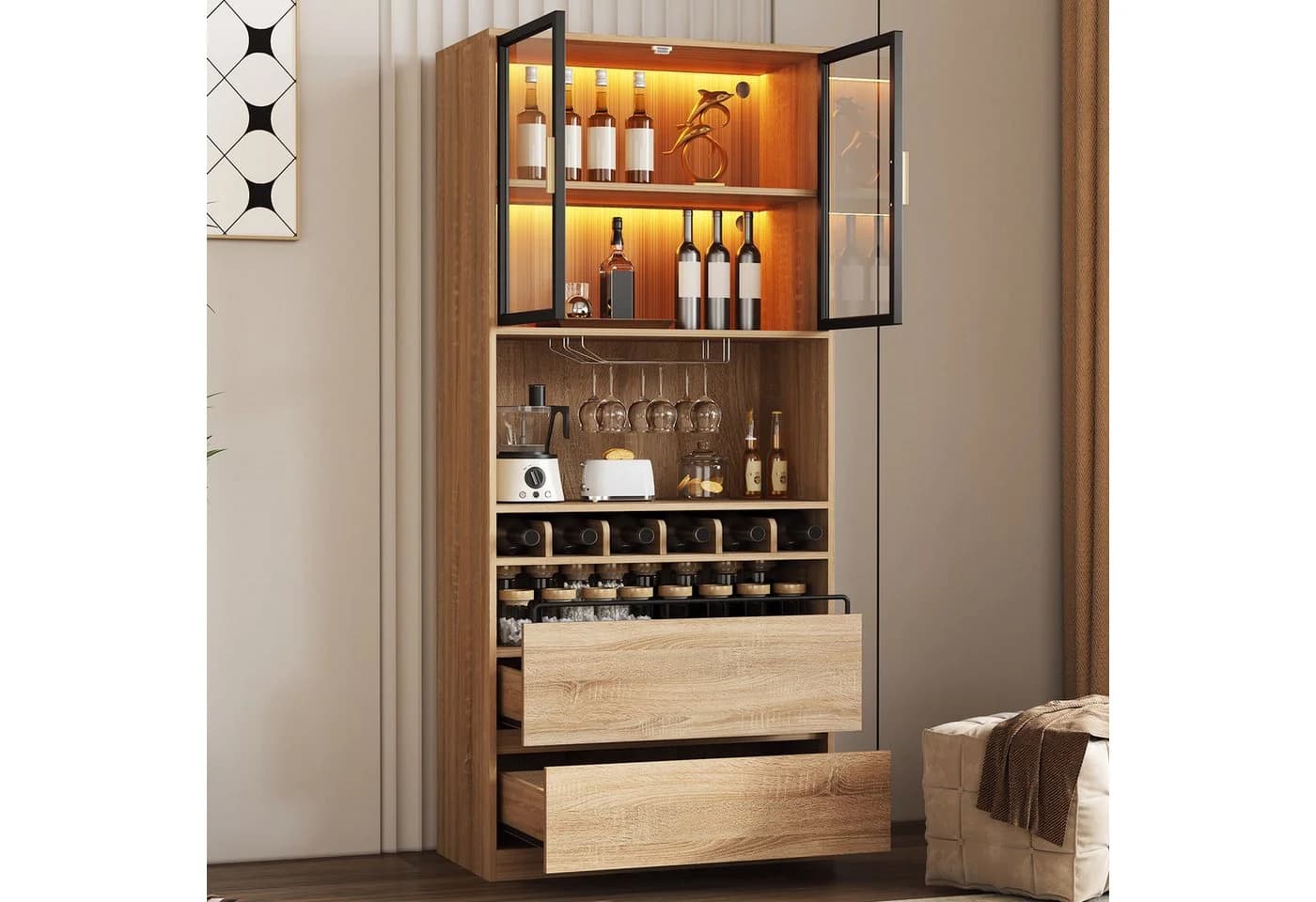 Flieks Küchenbuffet mit LED-Beleuchtung, Weinregal, Gläserhalter und Gewürzregal - Bild 2
