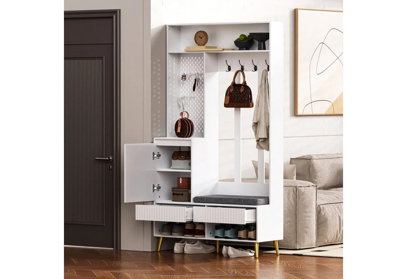Flieks Garderoben-Set Weiß mit Schuhschrank, Pegboard & Schubladen