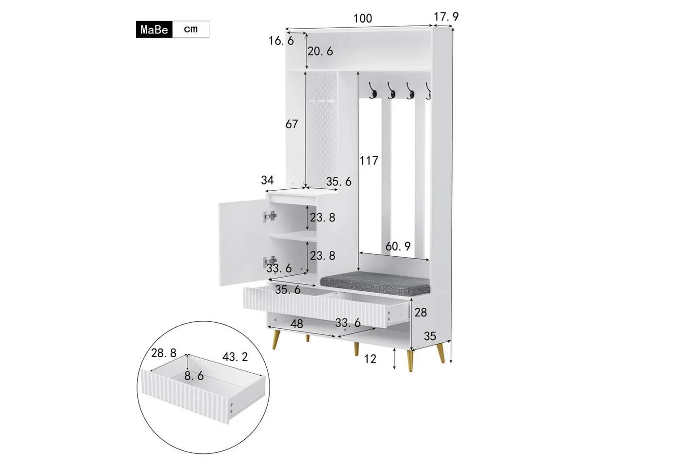 Flieks Garderoben-Set Weiß mit Schuhschrank, Pegboard & Schubladen - Bild 5