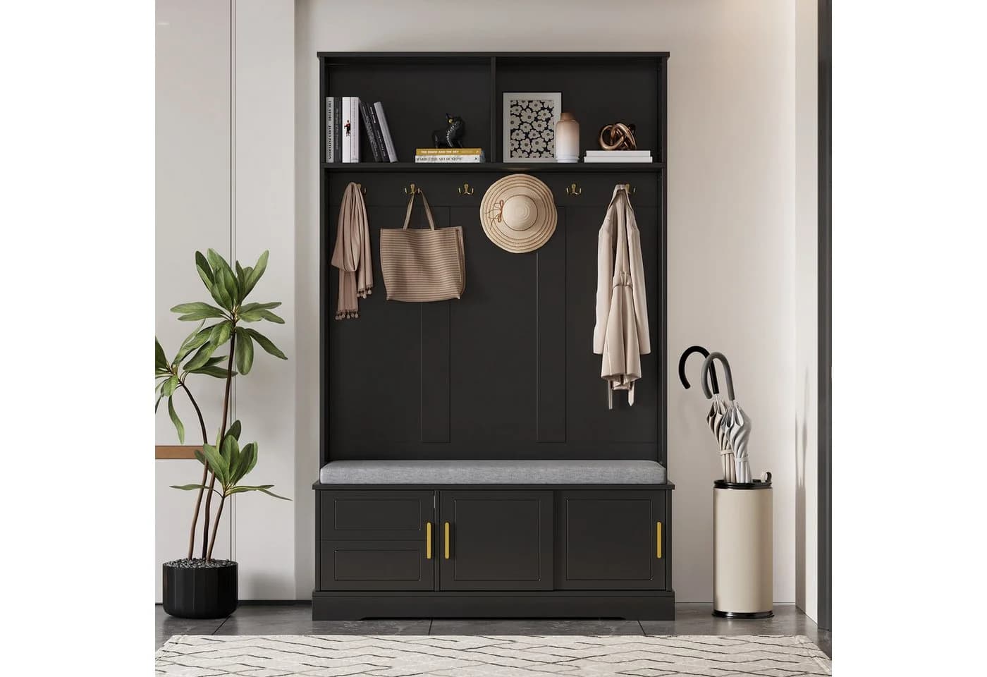 Flieks Garderoben-Set mit Schuhschrank, Sitzbank, Haken, Türen, Schwarz - Bild 2
