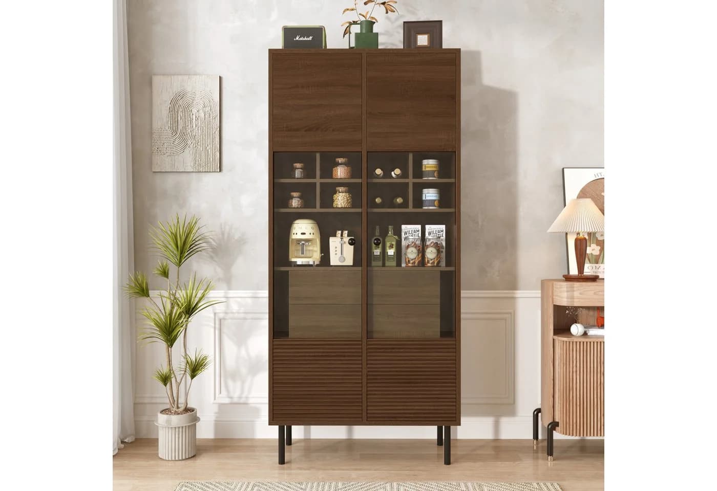 Flieks Hochschrank Nussbaum Glastüren versteckte Schubladen - Bild 3