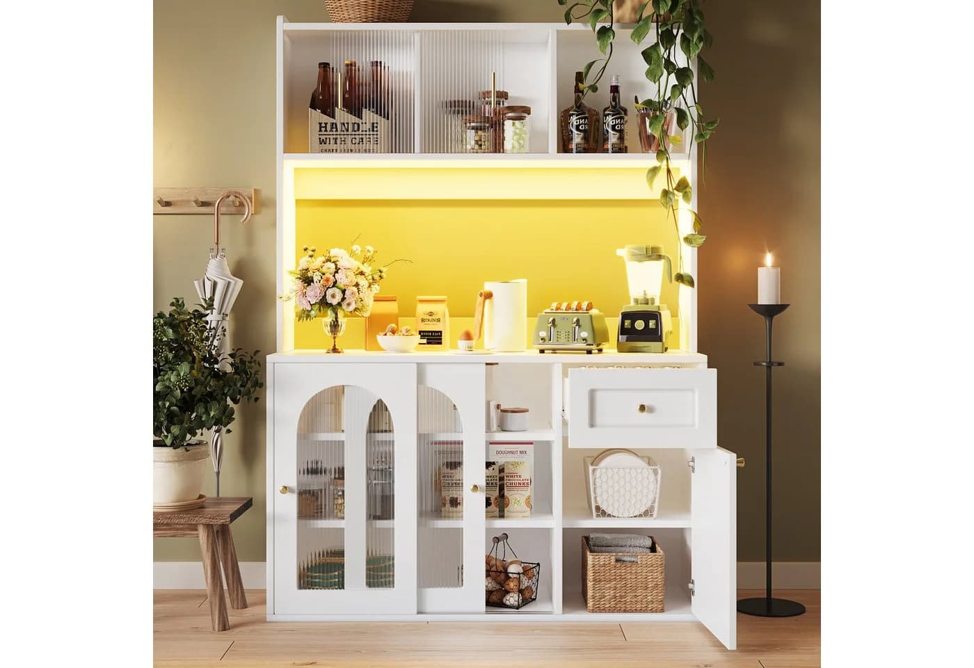 Flieks Küchenbuffet Weiß mit LED-Beleuchtung und Glas-Schiebetüren