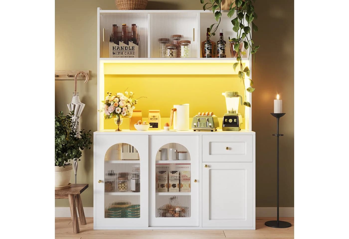Flieks Küchenbuffet Weiß mit LED-Beleuchtung und Glas-Schiebetüren - Bild 2