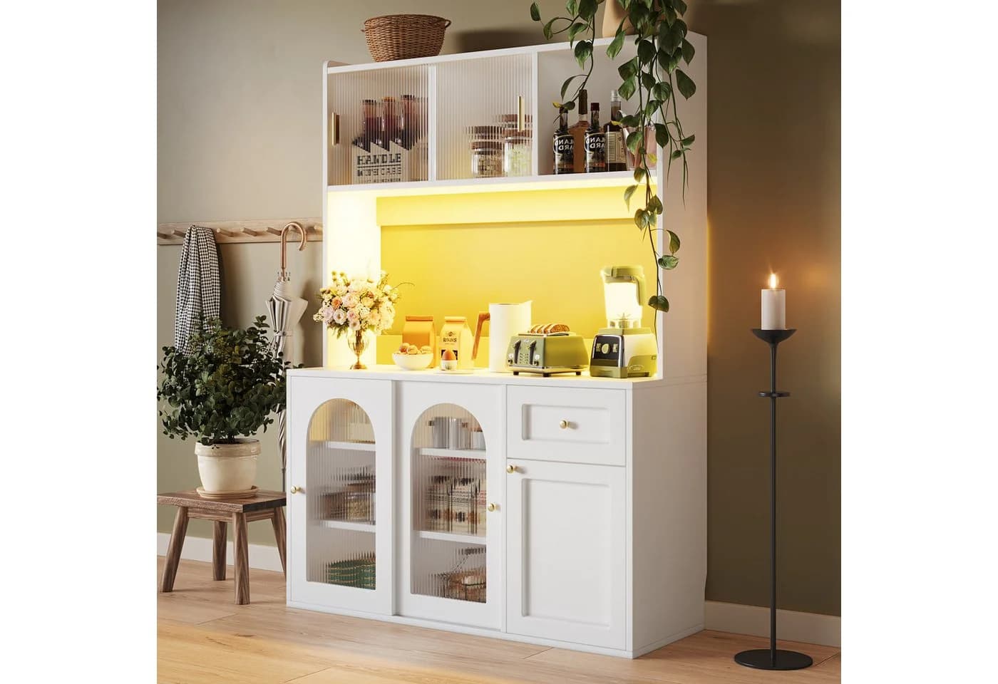 Flieks Küchenbuffet Weiß mit LED-Beleuchtung und Glas-Schiebetüren - Bild 3