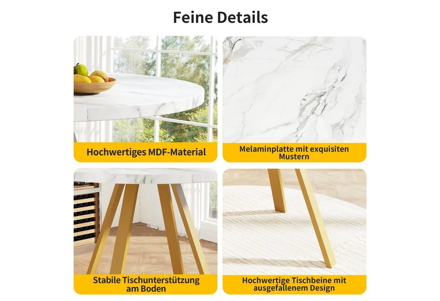 Flieks Esstisch 80 cm Rund Weiß Marmoroptik Eisenbeine - Bild 5