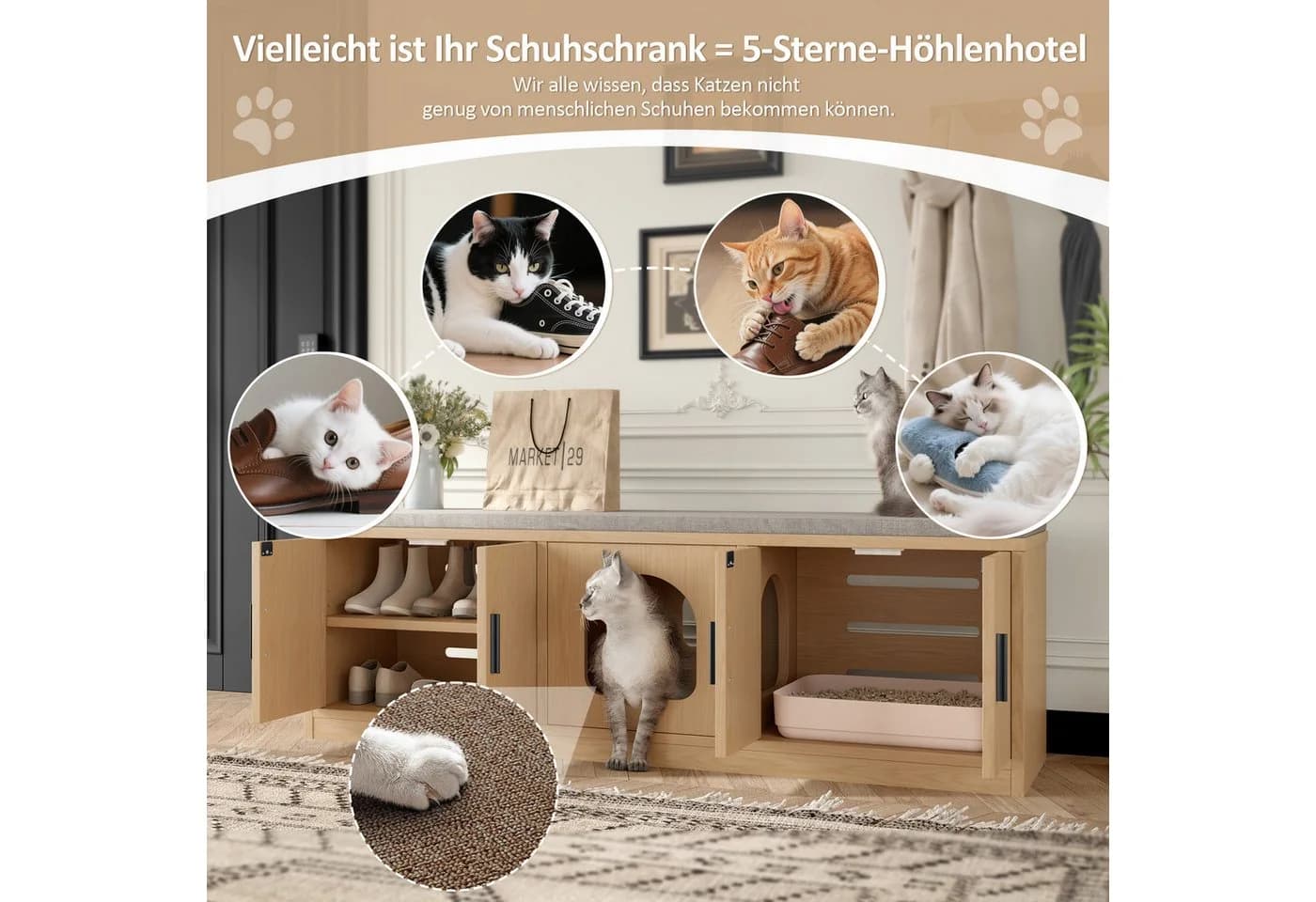 Flieks Lowboard Katzenschrank mit Tierhaus 140x40x45,5 cm Holzschrank - Bild 5
