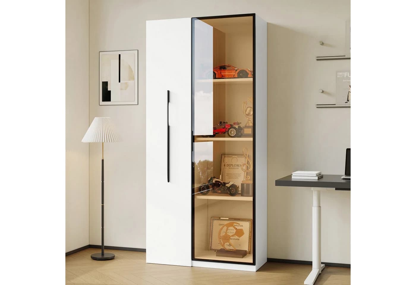 Flieks Glasvitrine Hochschrank mit LED, Rollen & Glastür