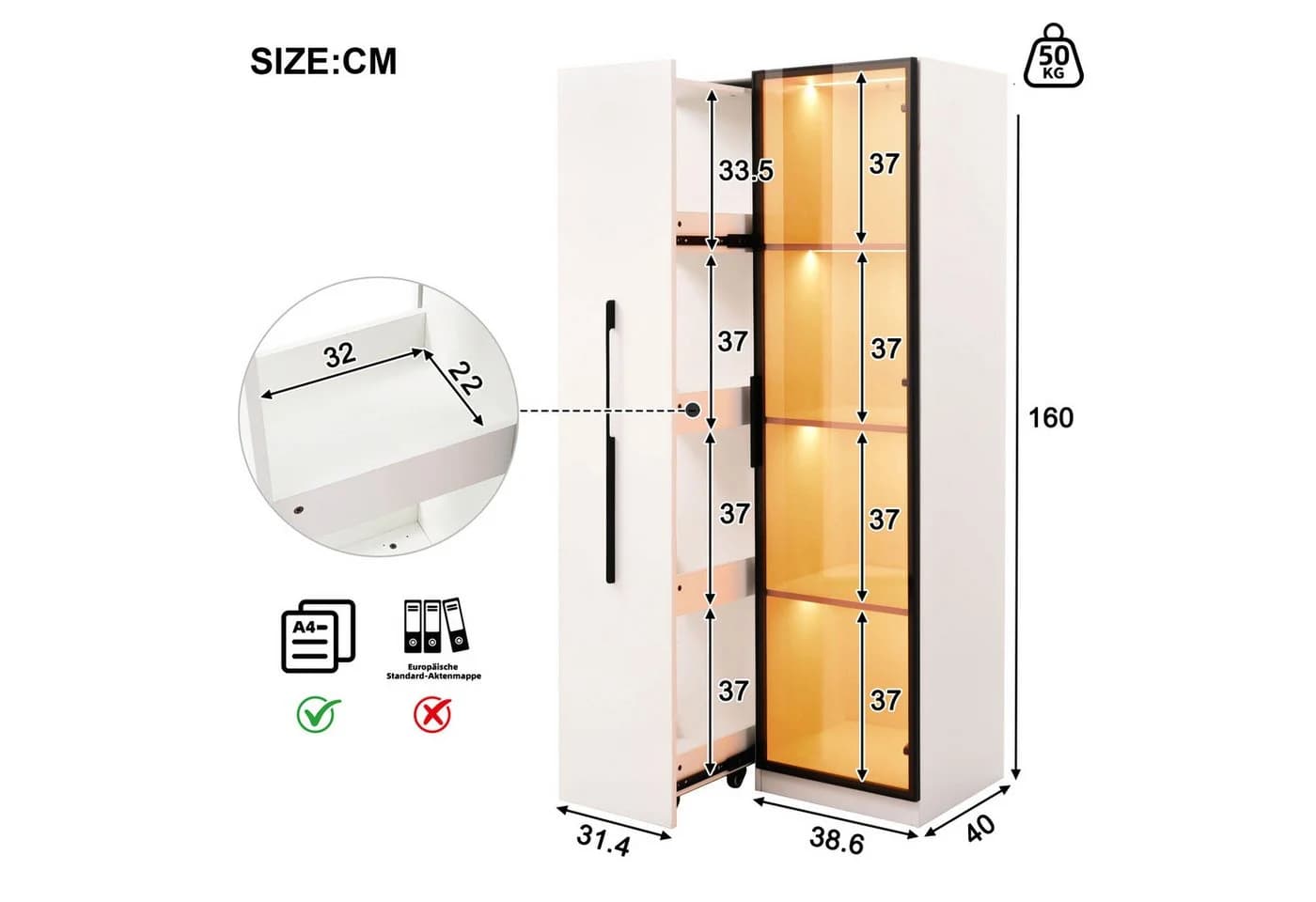 Flieks Glasvitrine Hochschrank mit LED, Rollen & Glastür - Bild 5