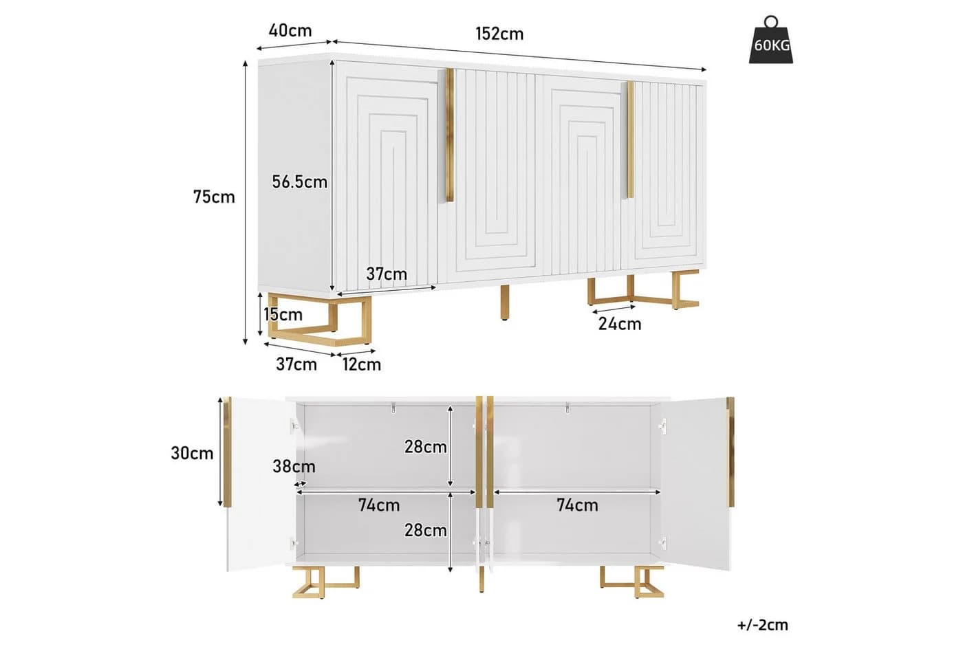 Flieks Sideboard 4 Türen Weiß/Schwarz mit verstellbaren Fußpolstern - Bild 5
