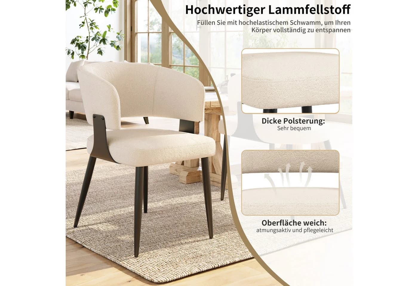 Flieks Polsterstuhl 2er Set Esszimmerstühle mit Armlehnen Lammfellstoff - Bild 5