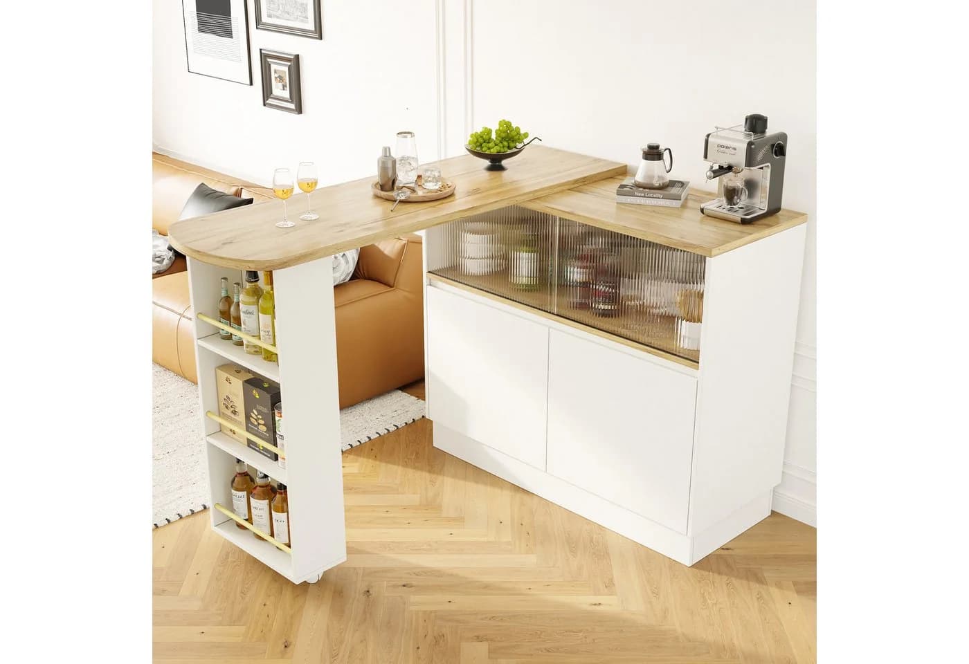 Flieks Bartisch 360° drehbar Stehtisch mit Sideboard Weiß