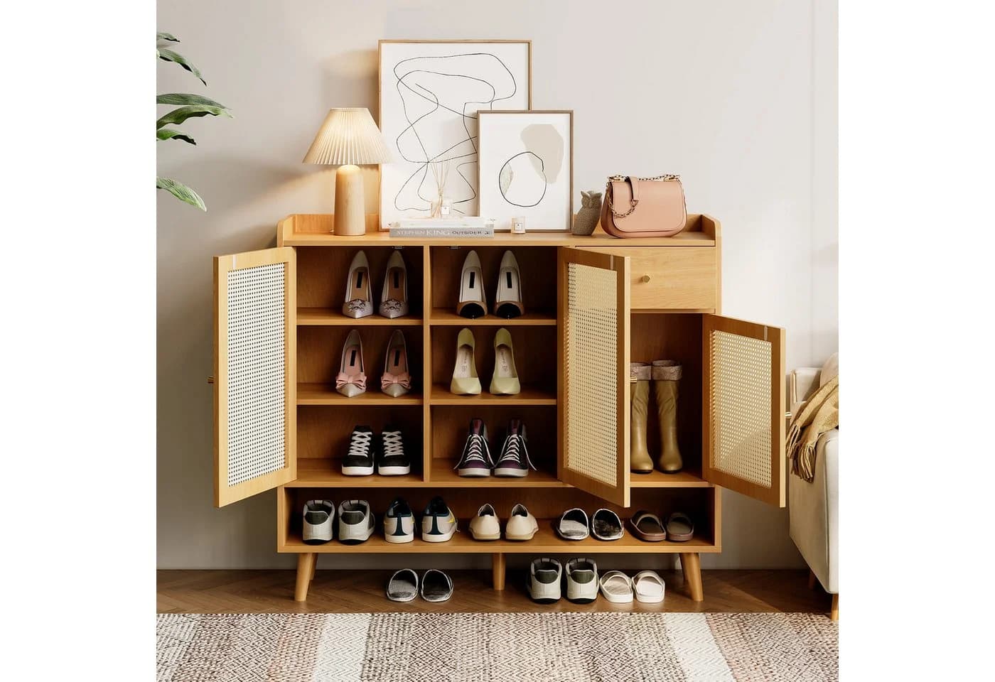 Flieks Schuhschrank 3 Rattan-Türen Schubladen Beige