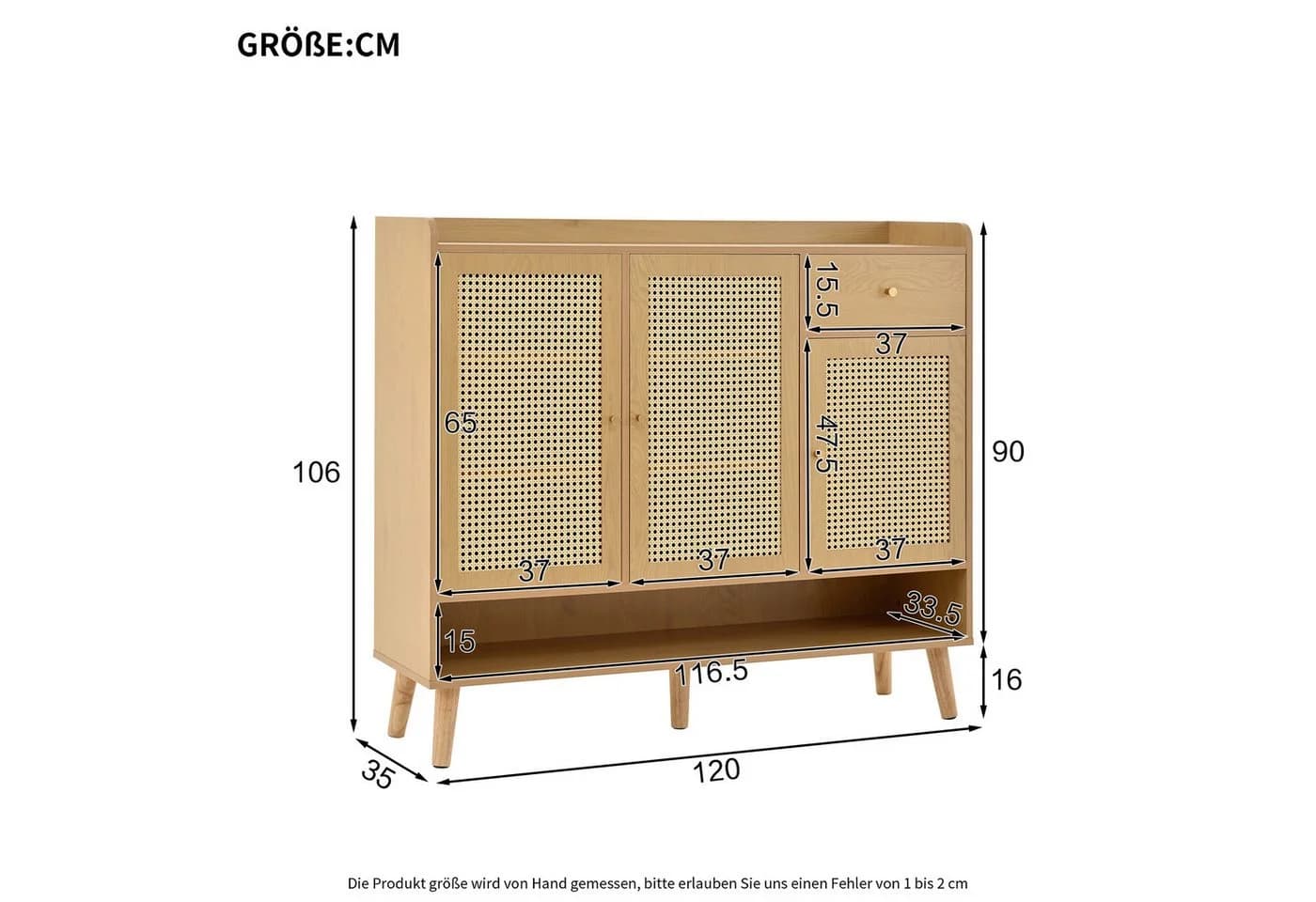 Flieks Schuhschrank 3 Rattan-Türen Schubladen Beige - Bild 5