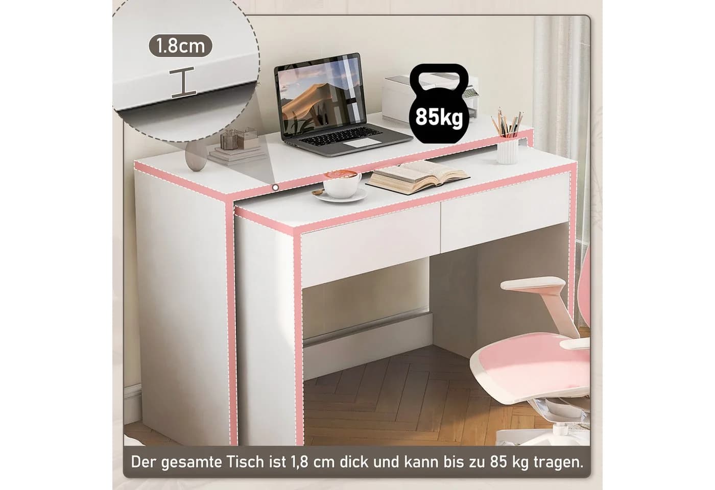 Flieks 2-in-1 Schreibtisch mit Kommode Weiß 2er Set - Bild 3