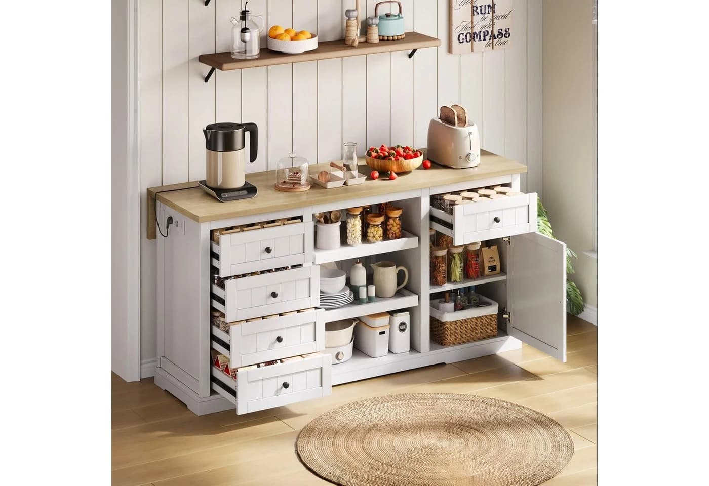 Flieks Küchenbuffet Kücheninsel Weiß mit Steckdosen und erweiterbarer Arbeitsplatte - Bild 2