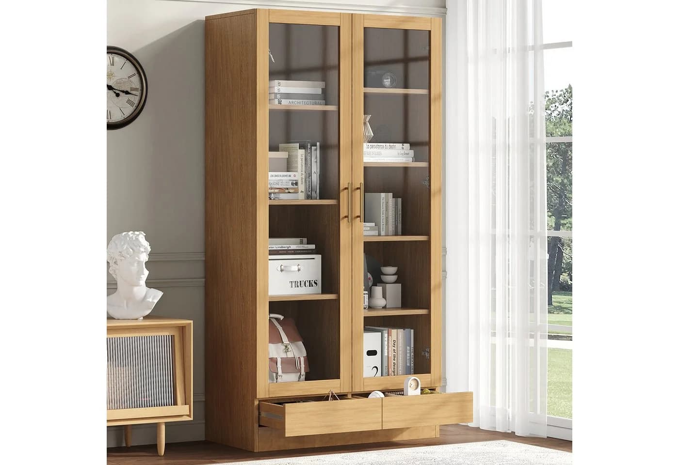 Flieks Glasvitrine Bücherregal beige mit 2 Glastüren und Schubladen - Bild 2