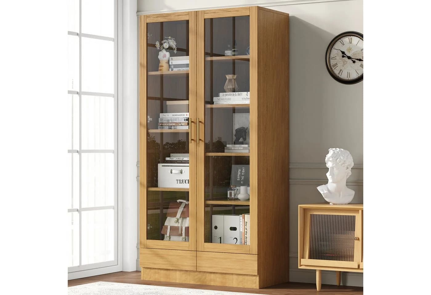 Flieks Glasvitrine Bücherregal beige mit 2 Glastüren und Schubladen - Bild 3