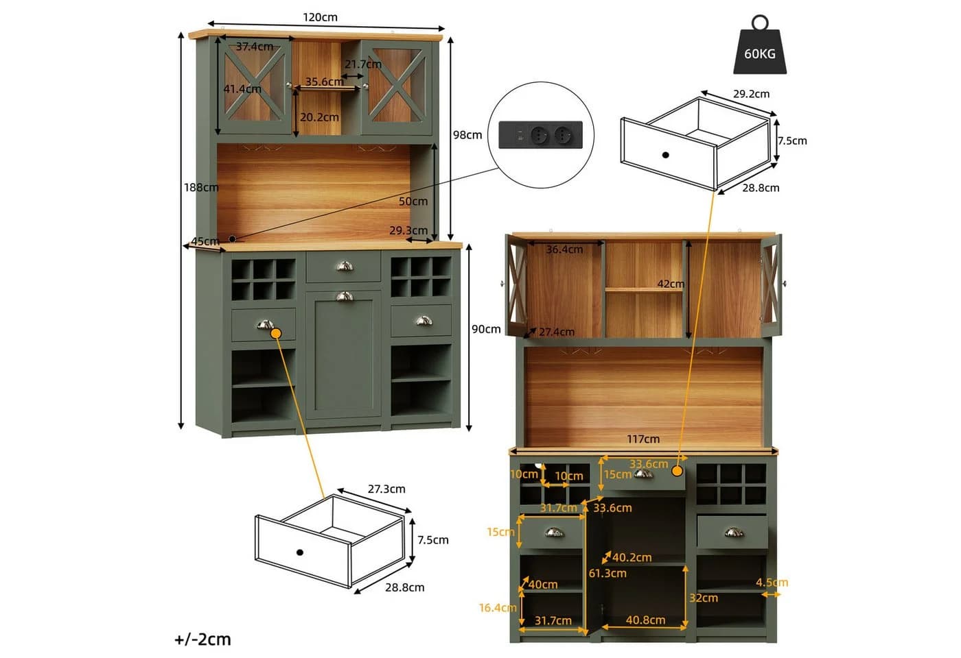 Flieks Küchenbuffet Retro Grün mit LED & Steckdosen - Bild 5