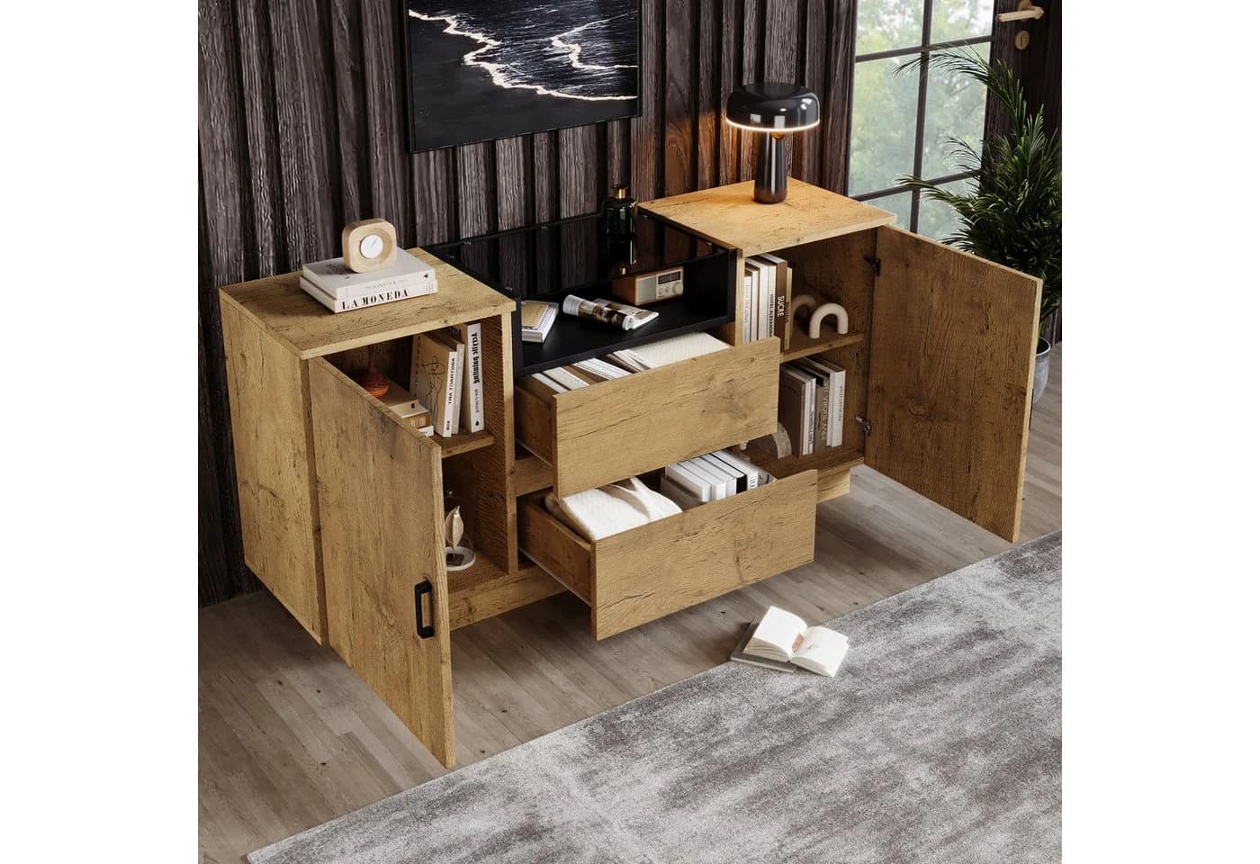 Flieks Sideboard Eichenoptik Glasplatte 140 cm
