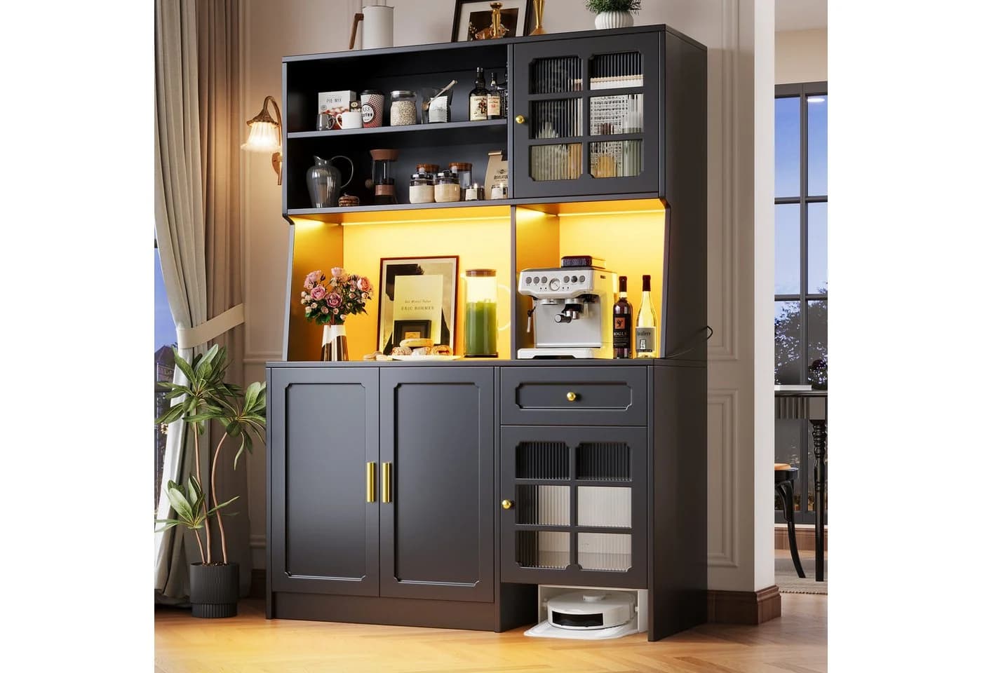 Flieks Küchenbuffet Hochschrank LED-Beleuchtung Schwarz - Bild 2