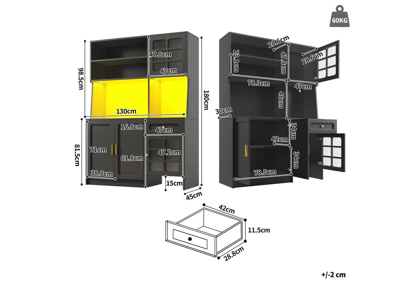 Flieks Küchenbuffet Hochschrank LED-Beleuchtung Schwarz - Bild 5