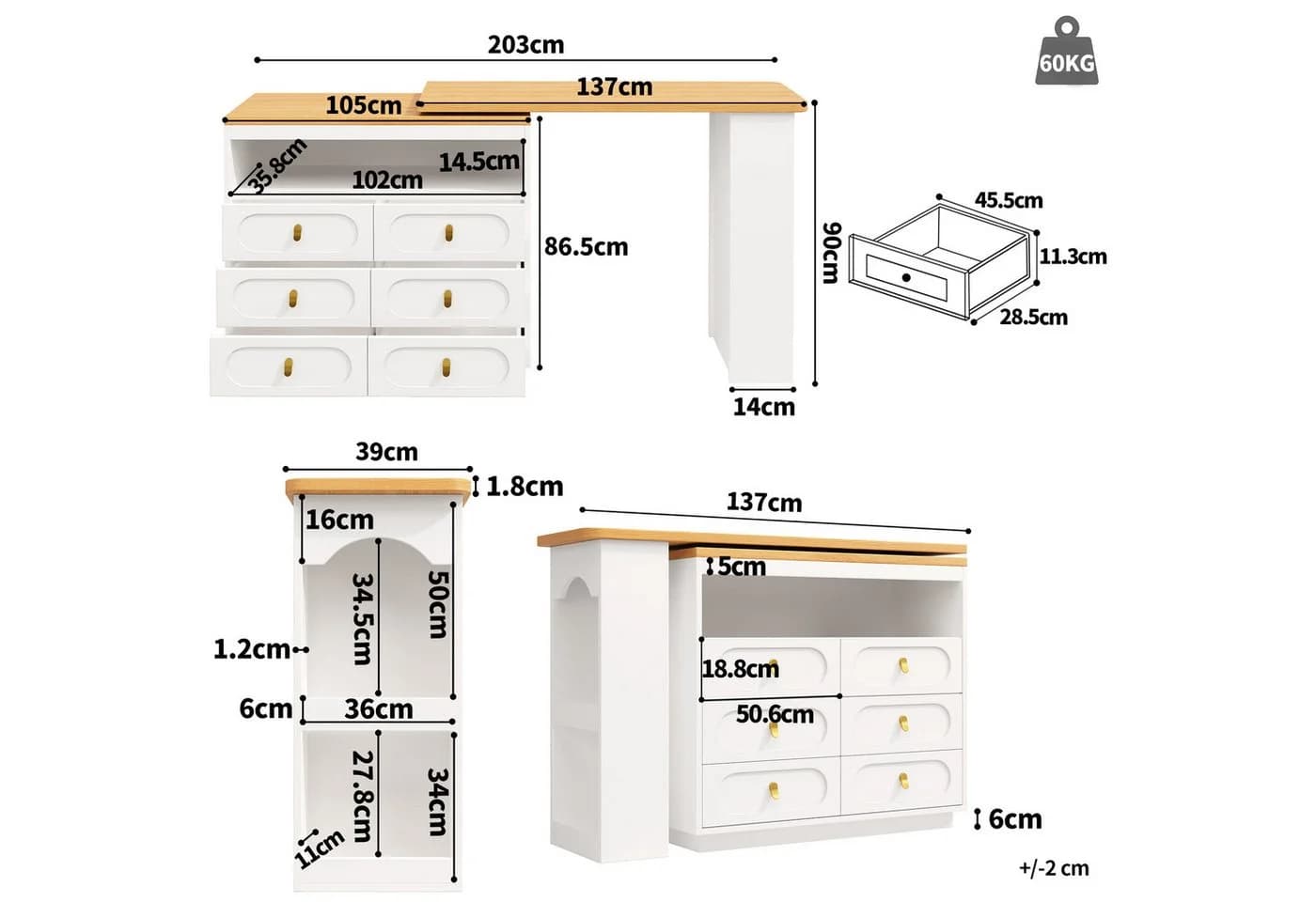 Flieks Bartisch Kommode Weiß 2er Set mit 6 Schubladen - Bild 5