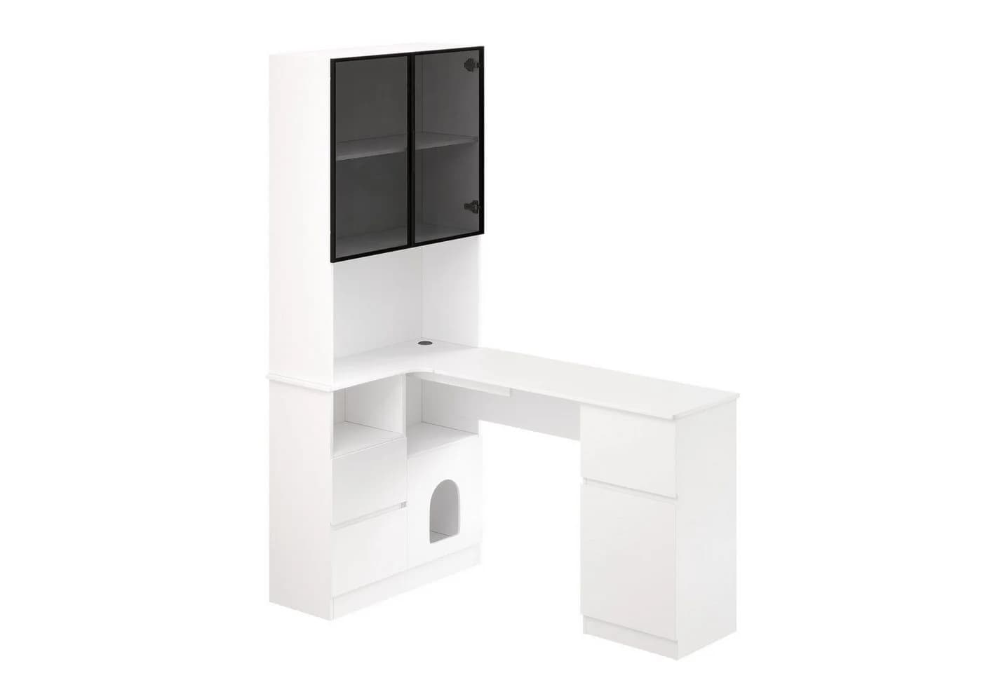 Flieks Eckschreibtisch 2-in-1 Hochschrank mit LED und Glastüren Weiß - Bild 5