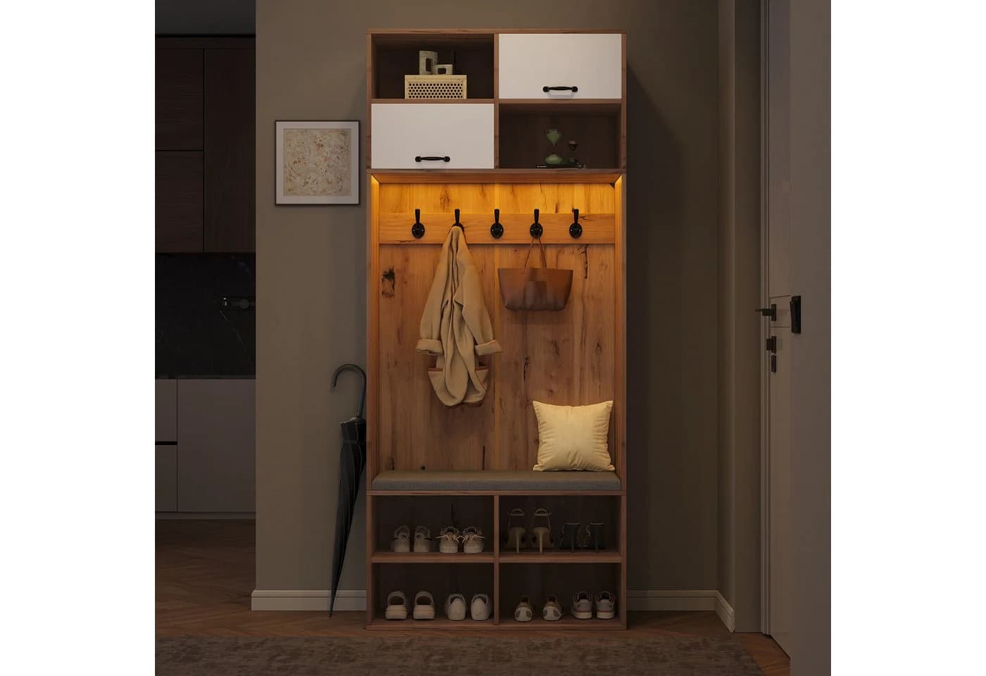 Flieks Garderoben-Set mit LED-Beleuchtung, Kleiderhaken, Schuhschrank und Sitzbank