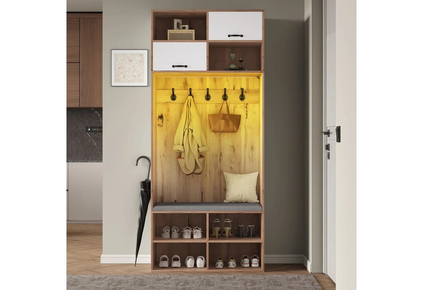 Flieks Garderoben-Set mit LED-Beleuchtung, Kleiderhaken, Schuhschrank und Sitzbank - Bild 2