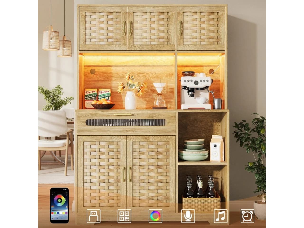 Flieks Küchenbuffet mit LED-Beleuchtung, Rattantüren und Glas-Schubladen Holzmaserung - Bild 2