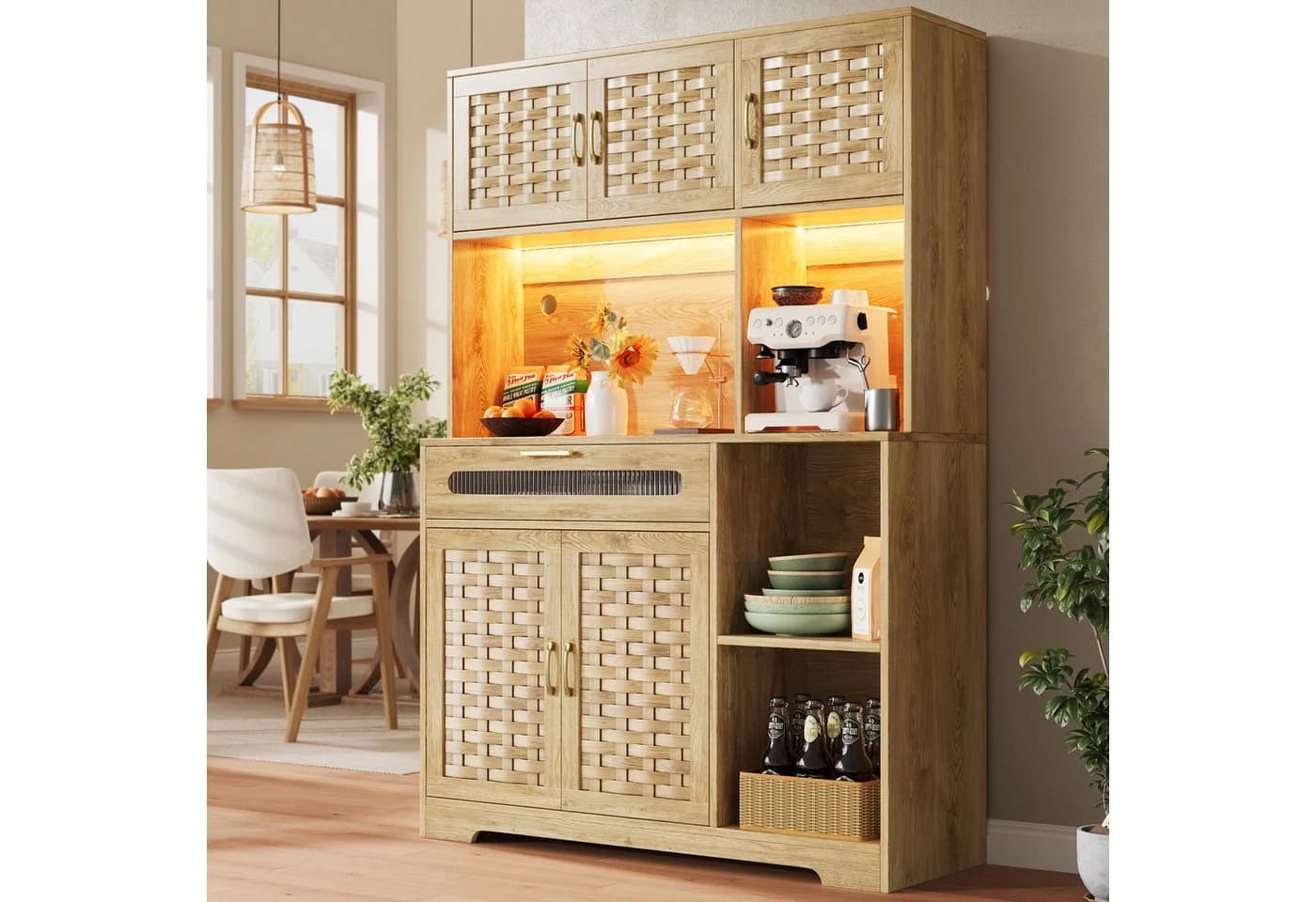 Flieks Küchenbuffet mit LED-Beleuchtung, Rattantüren und Glas-Schubladen Holzmaserung - Bild 3