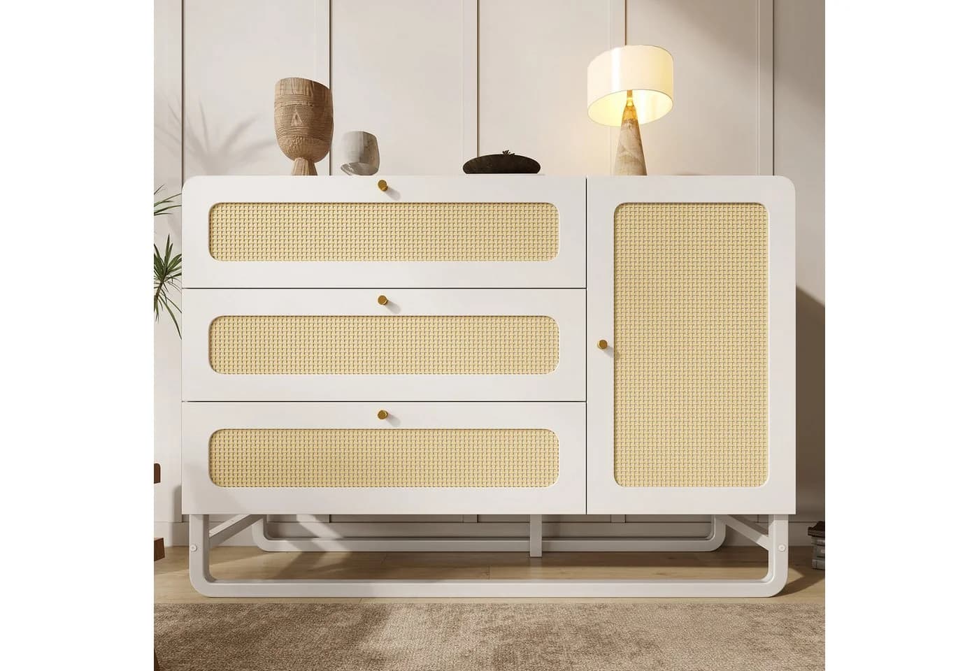 Flieks Kommode Rattanschrank 3 Schubladen 1 Tür Weiß