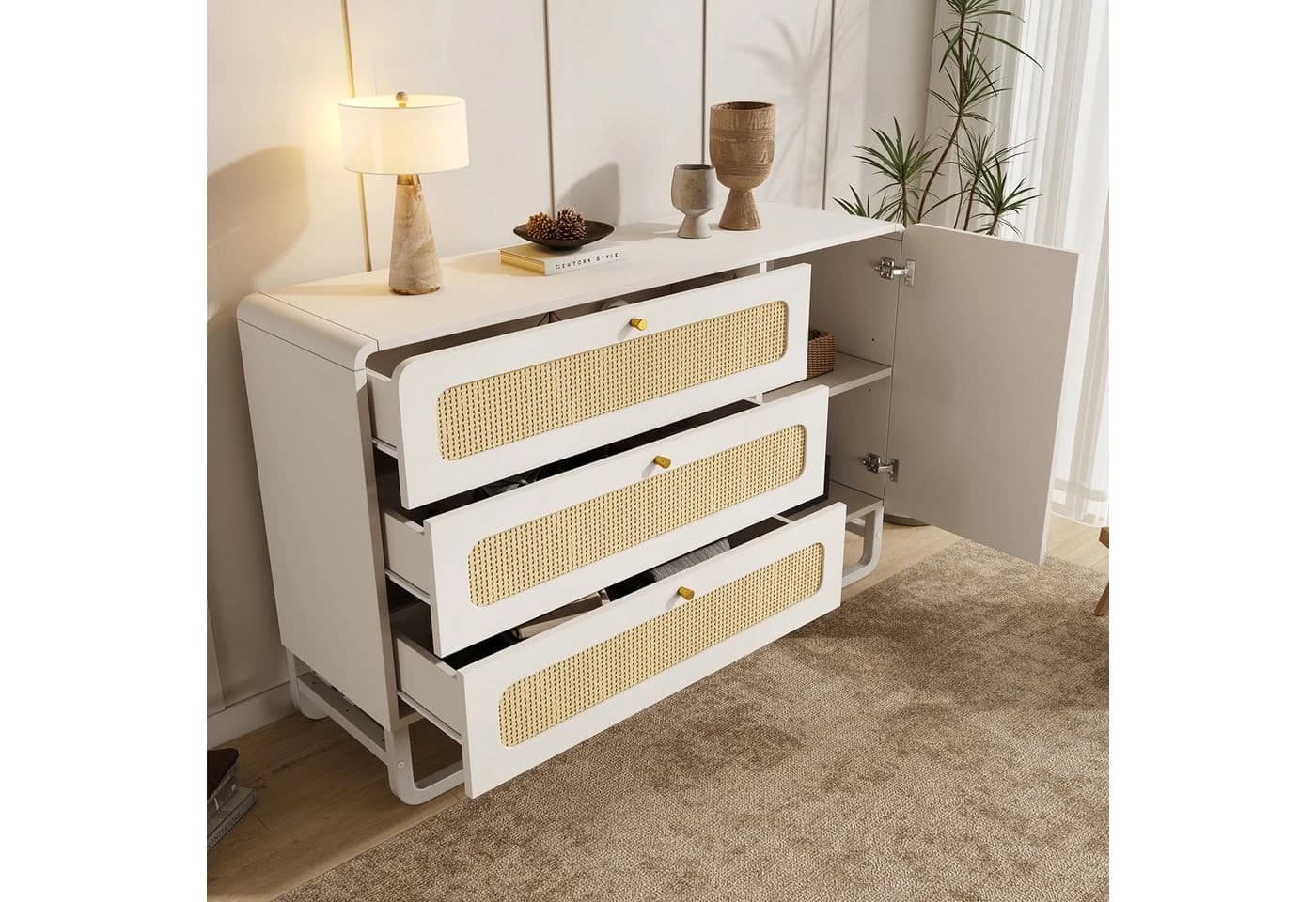 Flieks Kommode Rattanschrank 3 Schubladen 1 Tür Weiß - Bild 3