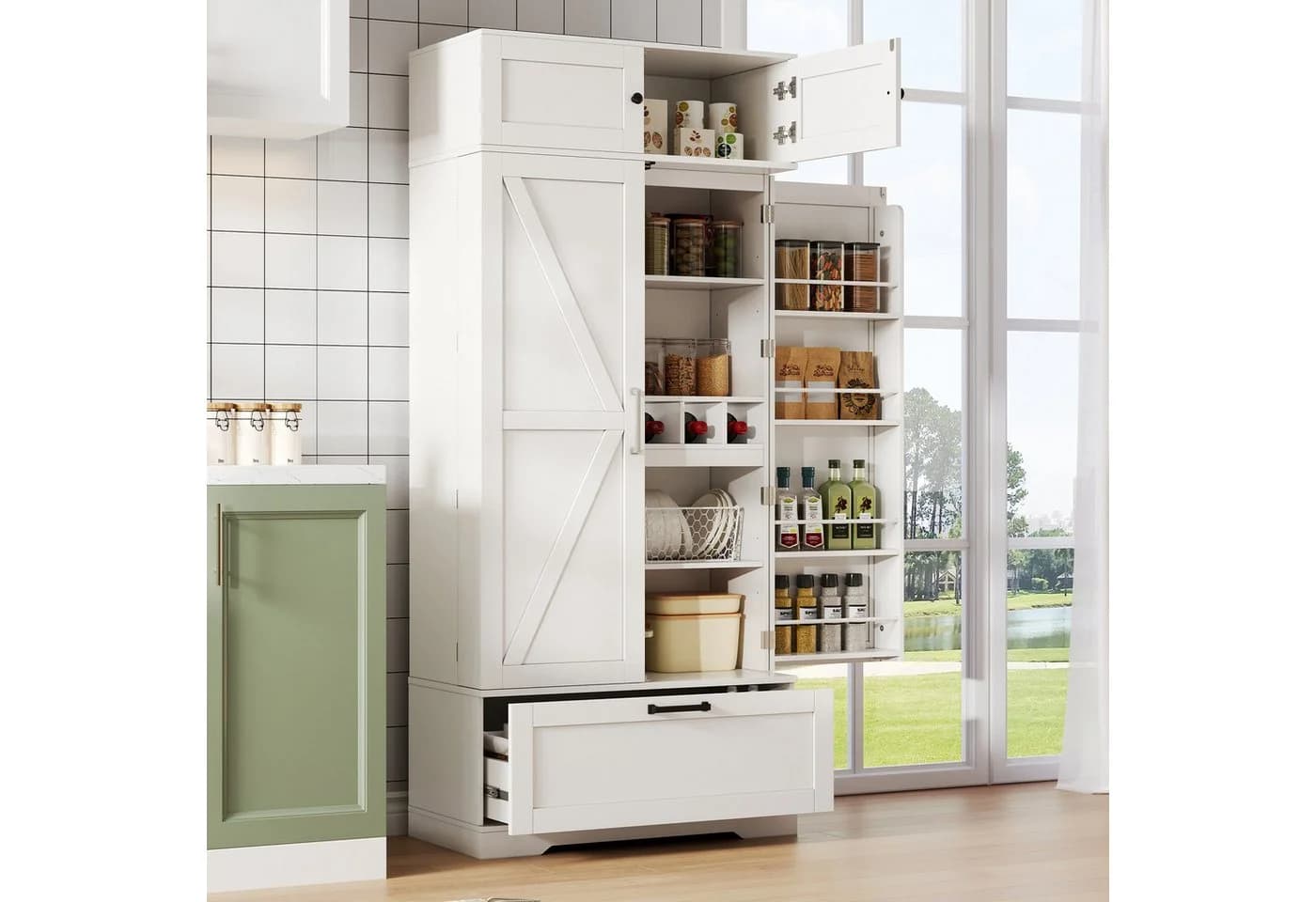 Flieks Hochschrank mit Schubladen, Weinregal und Türregalen Weiß - Bild 2