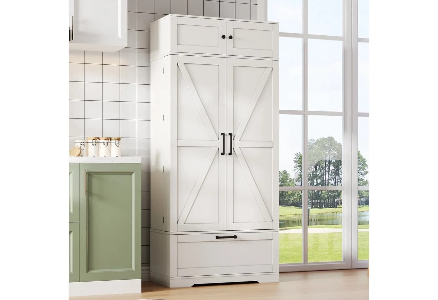 Flieks Hochschrank mit Schubladen, Weinregal und Türregalen Weiß - Bild 3