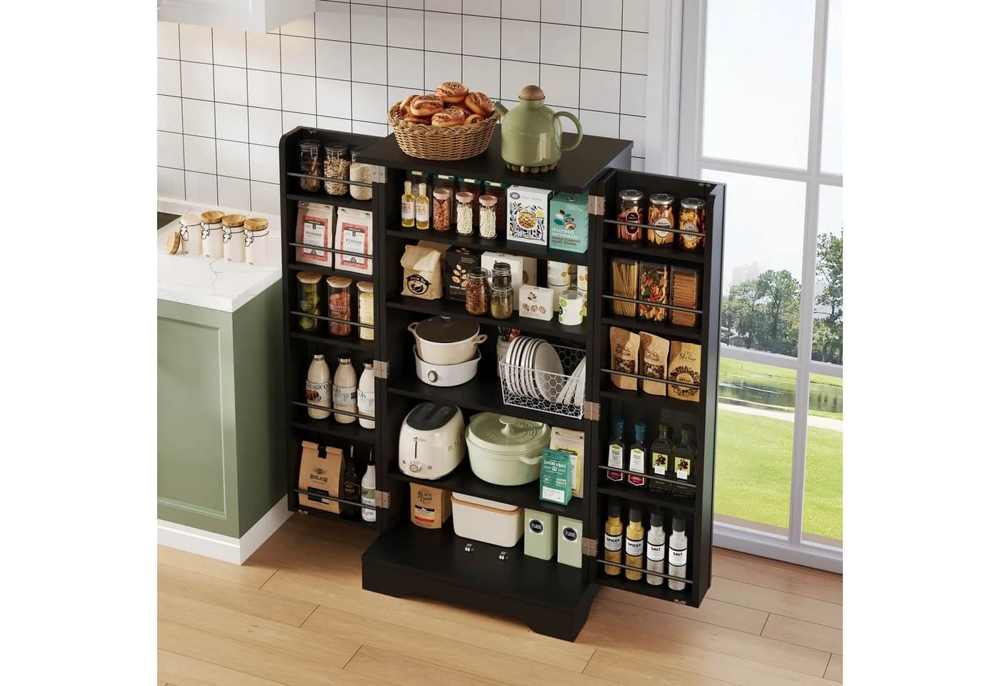 Flieks Mehrzweckschrank Hochschrank LED-Sensorlicht Verstellbare Regalböden Schwarz - Bild 4