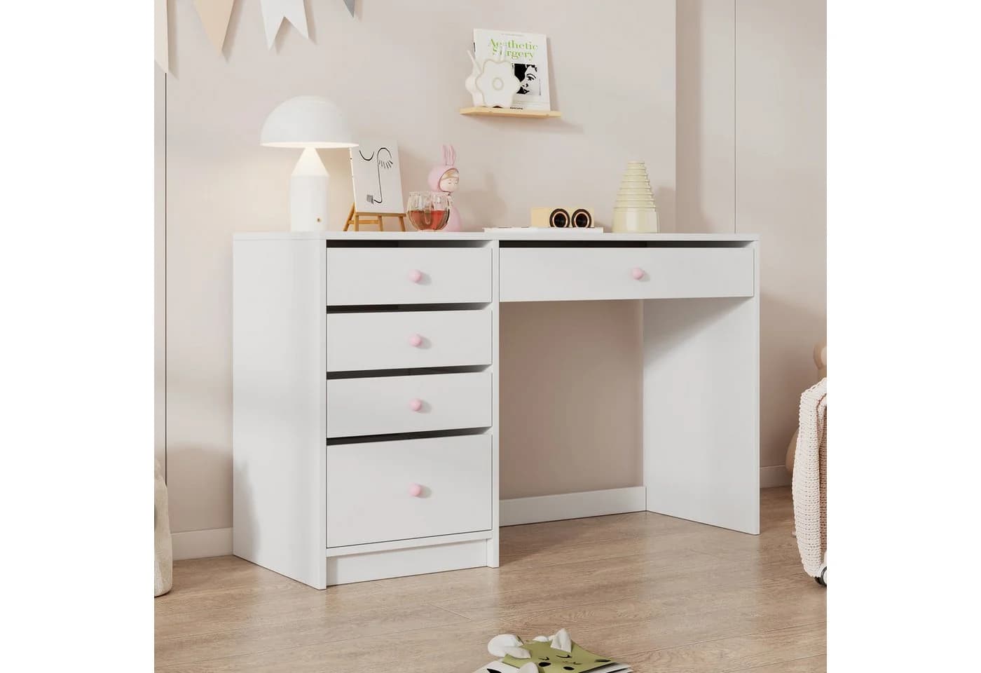 Flieks Schreibtisch mit 5 Schubladen Rosa Keramikgriffe